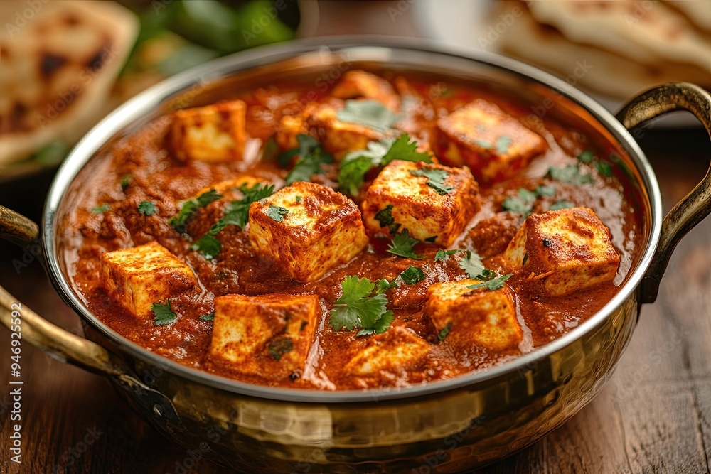 A close-up shot of a bowl of paneer curry. This photo can be used for recipes, Indian food articles, or restaurant menus.