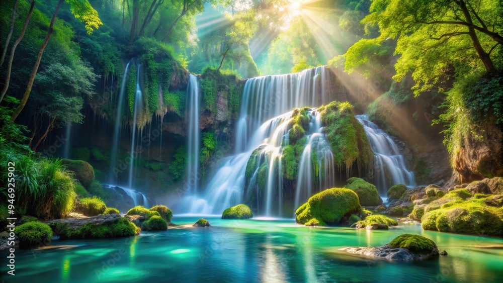 Majestic turquoise waterfall cascades down moss-covered ancient stones, surrounded by lush emerald foliage, misty fog, and celestial rays of sunlight in a mystical fantasy realm.