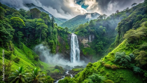 Majestic waterfall cascades down lush green mountain slopes in tranquil tropical landscape with misty fog rolling in, scenic hiking trail winding through dense jungle foliage.