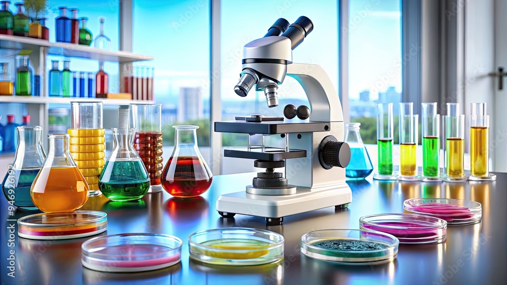 Lab Cunter Microscope and petri dishes on a sleek lab counter, surrounded by ...