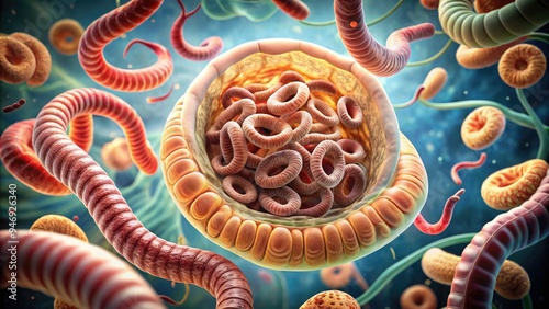 Microscopic illustration of various intestinal parasites, including hookworms, tapeworms, and roundworms, infesting the digestive tract, causing health issues and nutrient deficiencies. photo