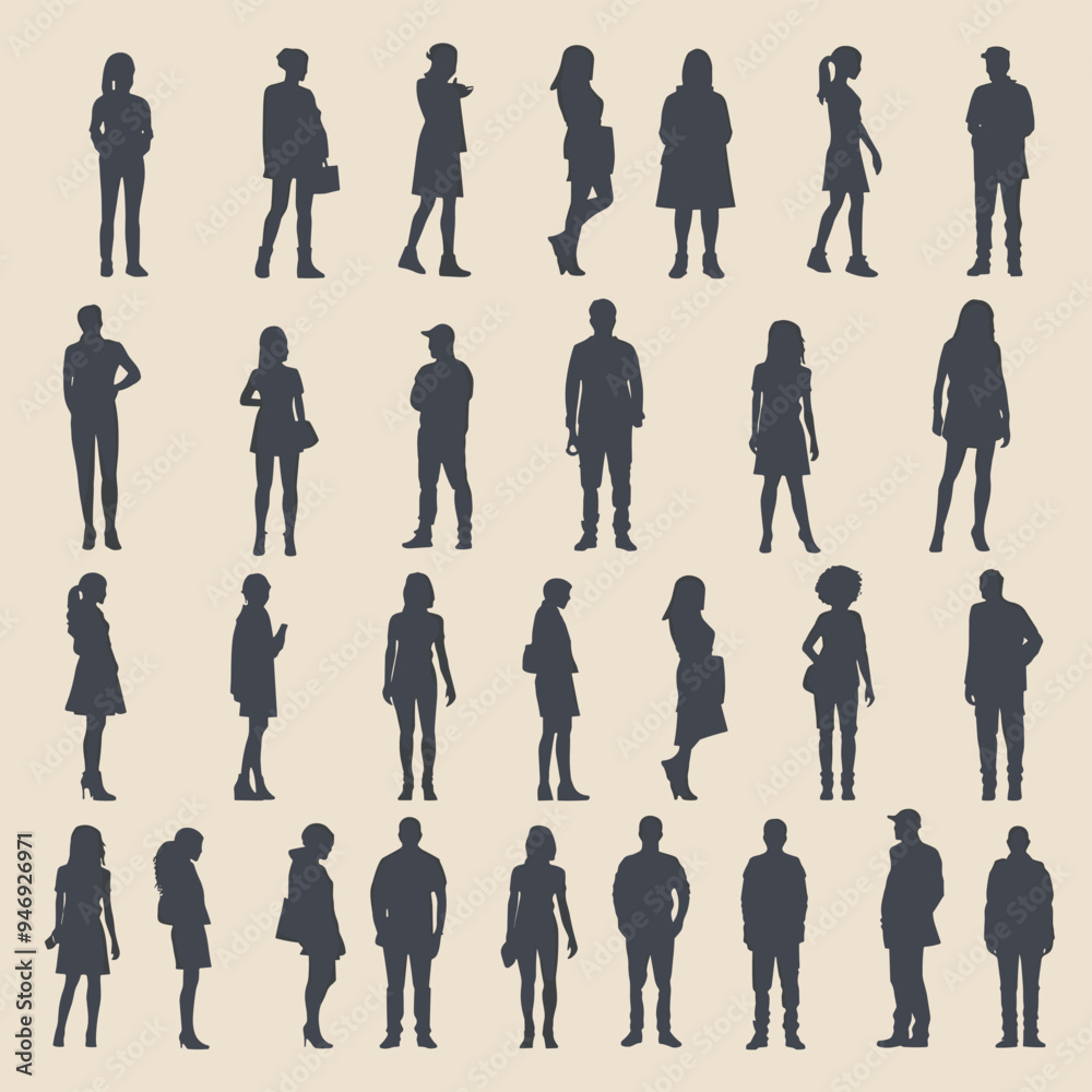 Silhouettes of diverse men and women standing in various poses against a beige background. Silhouettes of diverse men and women standing in various poses against a beige background.