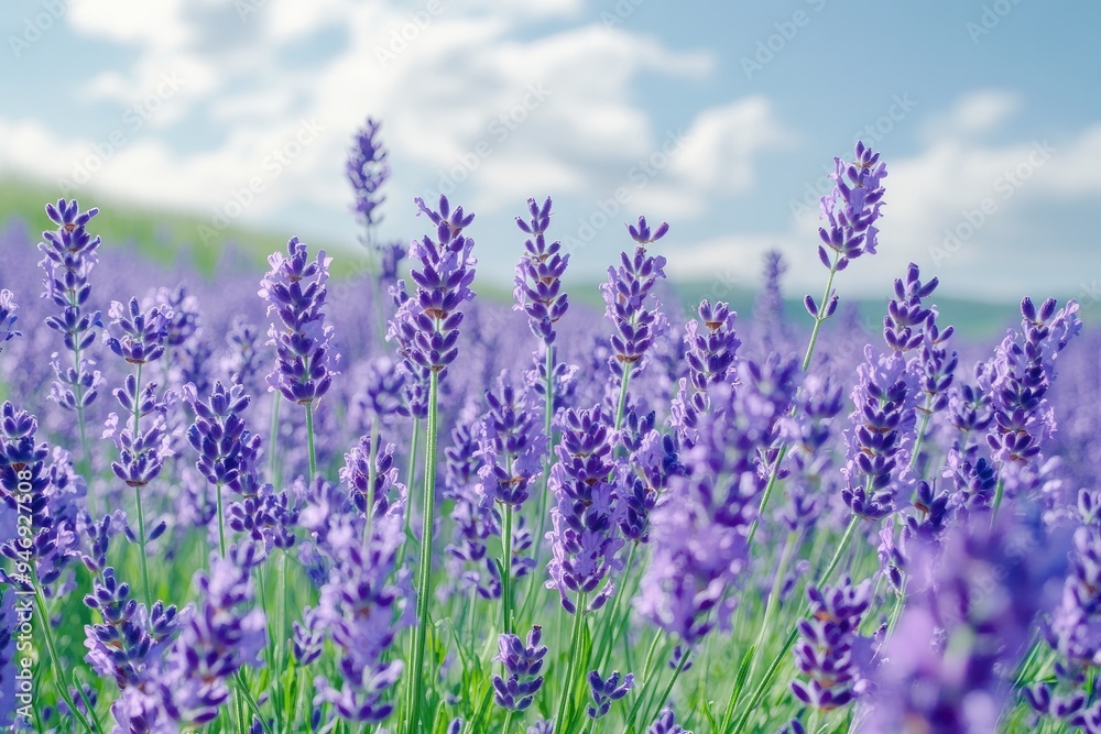 A field of lavender blooms under a clear sky. Perfect for designs about beauty, peace, and relaxation. A field of lavender blooms under a clear sky. Perfect for designs about beauty, peace, and relaxation.