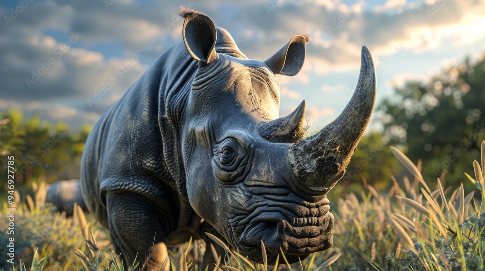 Fototapeta premium Rhinoceros in foreground with natural landscape generative ai