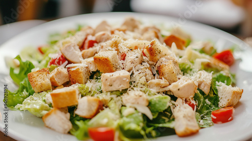 On the table is a bowl of Caesar salad with croutons, chicken and cheese. Fresh chicken salad. Delicious Caesar salad with grilled chicken, baked bacon and croutons close-up. AI generation