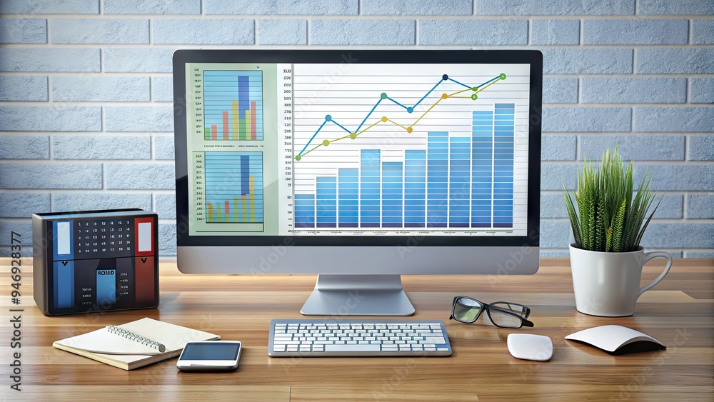 Modern illustration of a computer screen displaying a financial spreadsheet with editable strokes and graph lines, surrounded by calculators and accounting papers. Modern illustration of a computer screen displaying a financial spreadsheet with editable strokes and graph lines, surrounded by calculators and accounting papers.