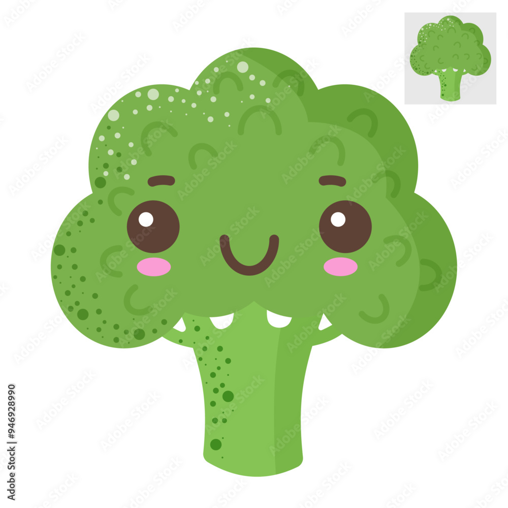 Flat vector illustration of broccoli with kawaii eyes on a white background. Flat vector illustration of broccoli with kawaii eyes on a white background.