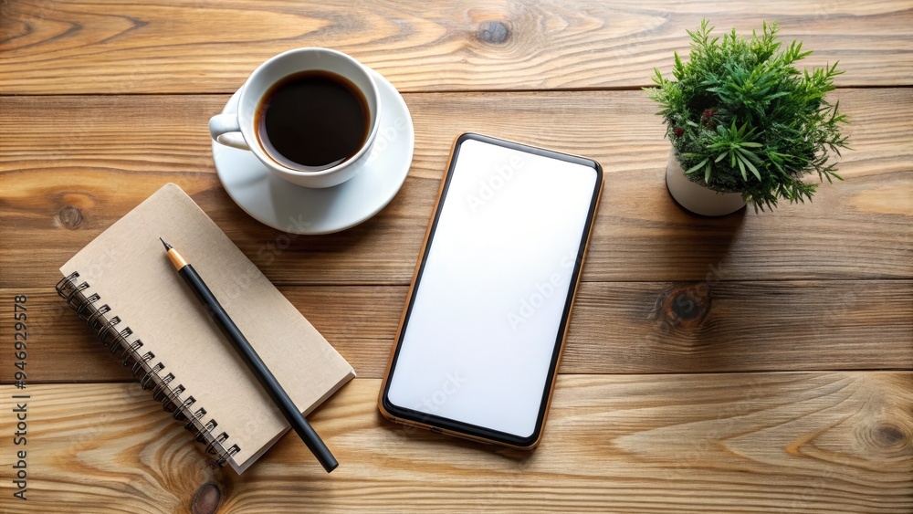 Modern smartphone display with blank screen on wooden desk, surrounded by coffee cup, notebook, and pens, perfect for showcasing digital design or app concept. Modern smartphone display with blank screen on wooden desk, surrounded by coffee cup, notebook, and pens, perfect for showcasing digital design or app concept.