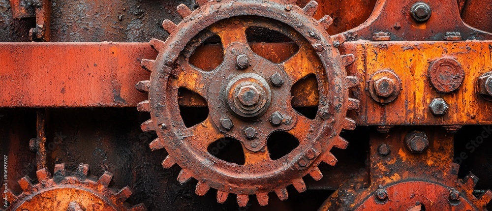 Rusted Gearwheel Close-up with Visible Bolts and Wear Rusted Gearwheel Close-up with Visible Bolts and Wear