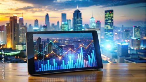 Modern tablet displays financial market analytics and graphs against blurred cityscape background, symbolizing innovative digital banking and financial technology services. photo