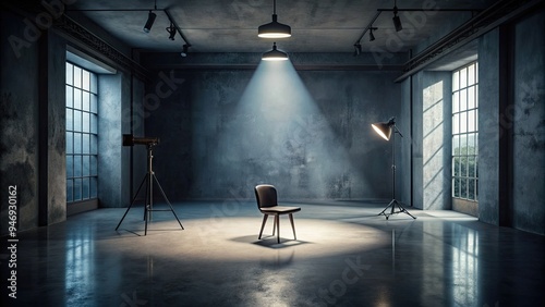 Moody, dimly-lit studio space with dramatic shadows, stark contrast, and eerie ambiance, featuring a mysterious, isolated, and minimalist atmosphere with subtle gradient tones.