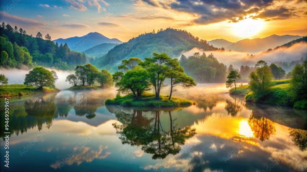 Mystical misty lake nestled among lush verdant hills, surrounded by towering ancient trees, with a subtle glow of sunset casting a serene, idyllic atmosphere. Mystical misty lake nestled among lush verdant hills, surrounded by towering ancient trees, with a subtle glow of sunset casting a serene, idyllic atmosphere.