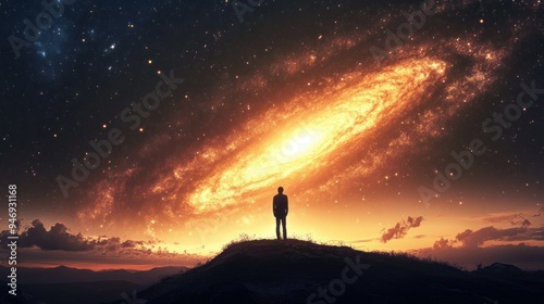 A Solitary Figure Gazing at a Cosmic Spiral in the Night Sky