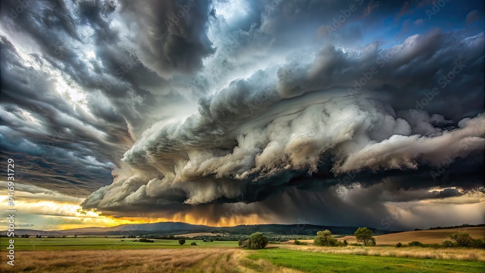 Ominous dark clouds gather, thick with heavy grey mist, blocking sunlight, casting a foreboding atmosphere over the landscape with an impending sense of stormy weather. Ominous dark clouds gather, thick with heavy grey mist, blocking sunlight, casting a foreboding atmosphere over the landscape with an impending sense of stormy weather.
