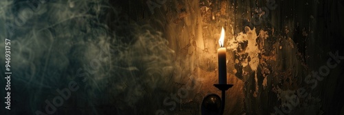 Flickering candle flame in the dark casts eerie shadows on the wall photo