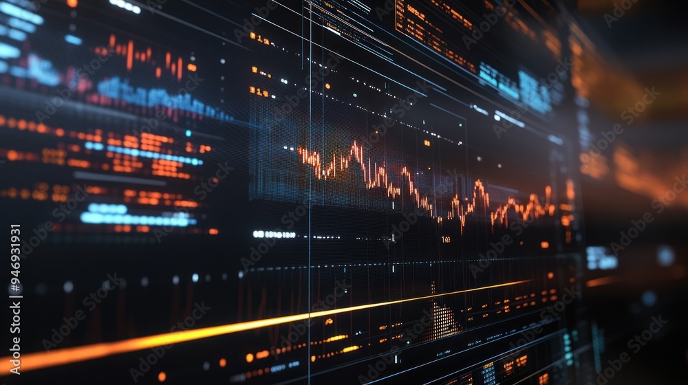Fototapeta premium Digital Screen Displaying Financial Data with Orange and Blue Lights