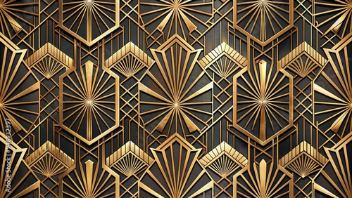 Opulent art deco-inspired geometric pattern with intrinsically detailed shapes and lines adorned with lavish gold leaf accents, evoking luxury, sophistication, and vintage glamour. photo