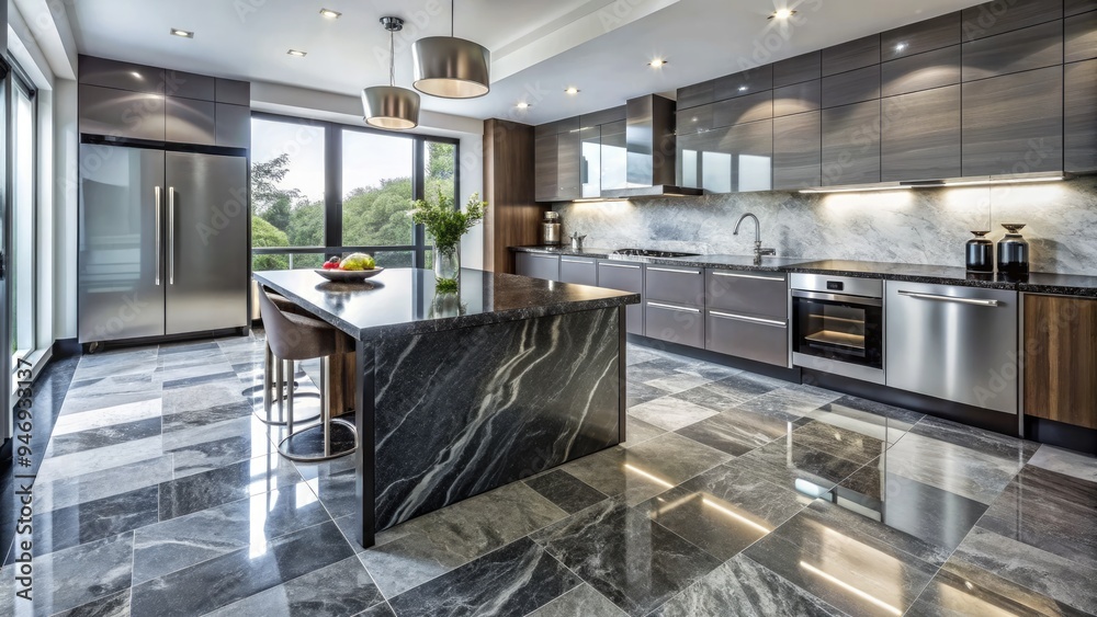 Polished granite floor tiles in a modern kitchen, with subtle waves and flecks of silver, grey, and black, creating a sophisticated and luxurious ambiance.