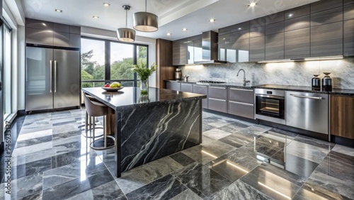 Obraz na płótnie Polished granite floor tiles in a modern kitchen, with subtle waves and flecks of silver, grey, and black, creating a sophisticated and luxurious ambiance. w salonie