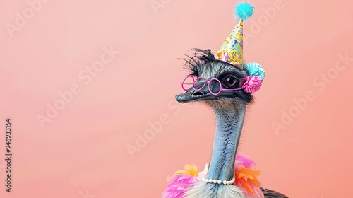 A festive ostrich wearing glasses and a party hat, adorned with a floral necklace against a pink background. photo