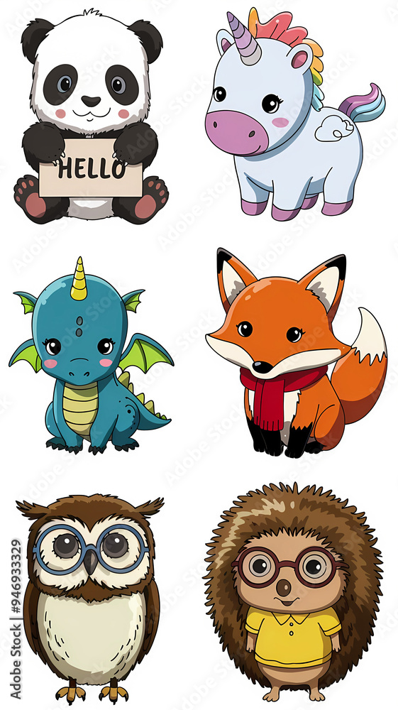 A set of six anime style cute baby animals stickers with funny expression, cartoon illustration wallpaper A set of six anime style cute baby animals stickers with funny expression, cartoon illustration wallpaper