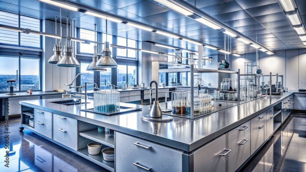 Pristine laboratory setting with rows of gleaming stainless steel equipment, glass beakers, and precision instruments on countertops, under bright fluorescent lighting. Pristine laboratory setting with rows of gleaming stainless steel equipment, glass beakers, and precision instruments on countertops, under bright fluorescent lighting.