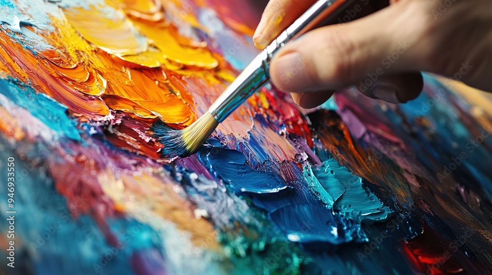 A close-up of a canvas with textured paint strokes in vivid colors as an artist applies the final touches A close-up of a canvas with textured paint strokes in vivid colors as an artist applies the final touches