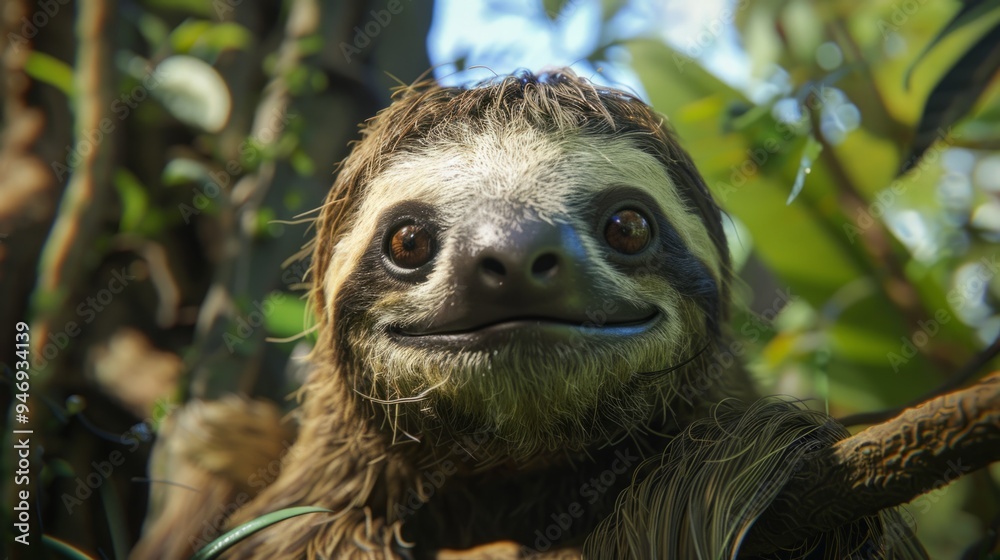 Naklejka premium Sloth in foreground with natural landscape generative ai