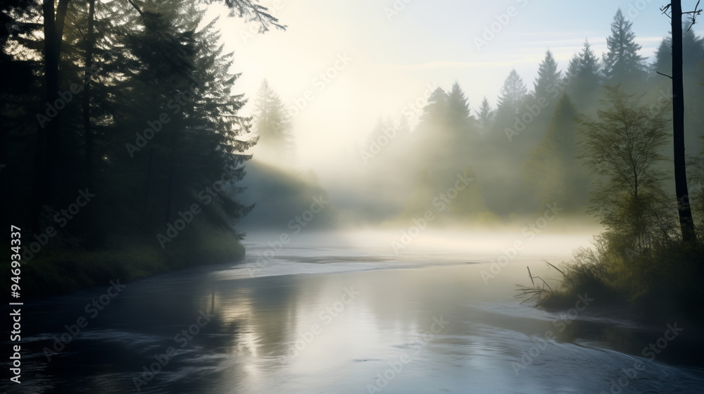 Sunlit Forest River Shrouded in Morning Fog with Sun Rays Through Trees Sunlit Forest River Shrouded in Morning Fog with Sun Rays Through Trees