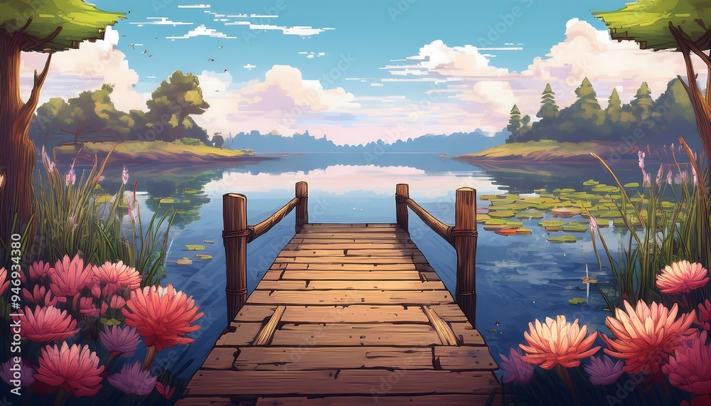 Pixelated Lakeside View - tranquil lakeside scene with a small wooden ...