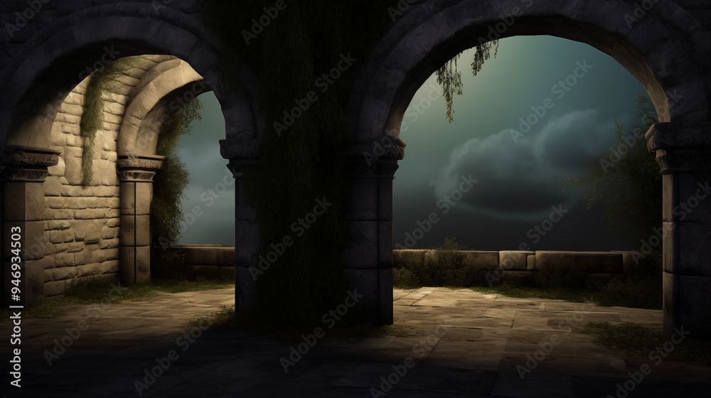 Fototapeta premium Illuminated Stone Arches Leading To A Scenic Overlook