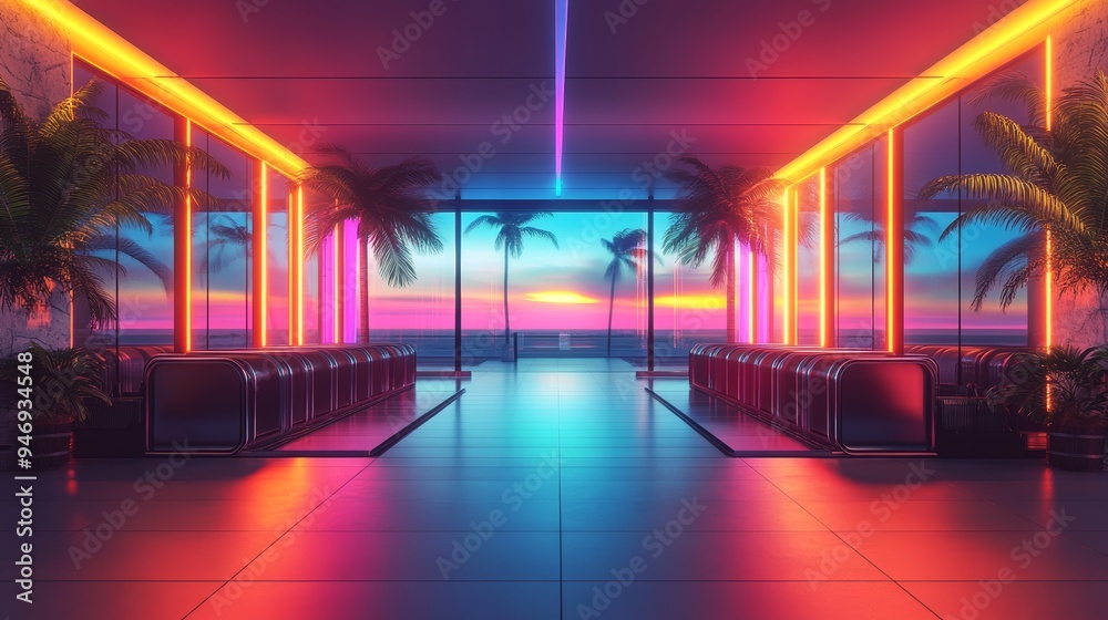 Futuristic baggage claim in a tropical airport, holographic palm trees visible through digital windows, vibrant colors, 3D rendering with neon accents Futuristic baggage claim in a tropical airport, holographic palm trees visible through digital windows, vibrant colors, 3D rendering with neon accents