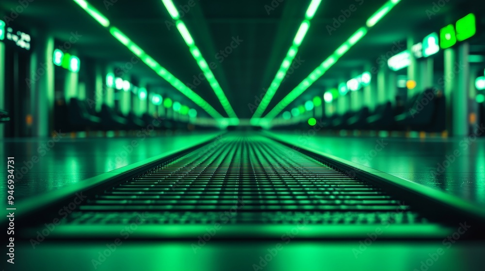 Futuristic green airport with an eco-friendly baggage claim conveyor belt made from recycled materials, featuring digital holographic displays showing sustainability metrics, Futuristic, Neon accents