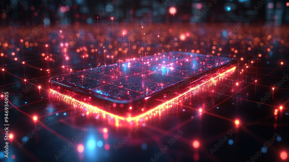 Glowing smartphone lies on a grid surface with neon lights, surrounded by a network of connected, illuminated nodes Glowing smartphone lies on a grid surface with neon lights, surrounded by a network of connected, illuminated nodes