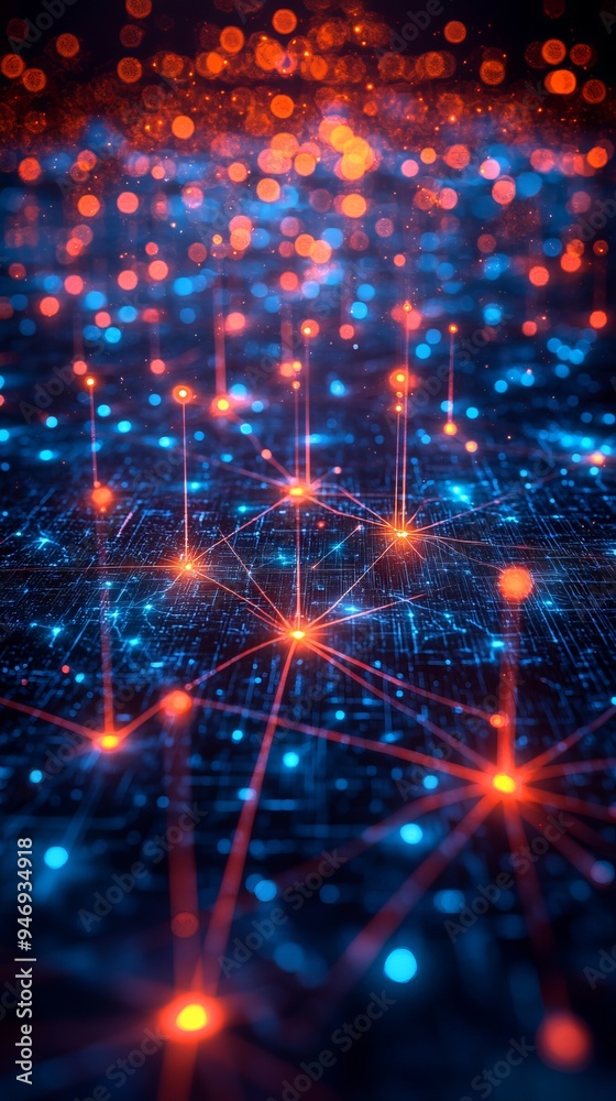 Obraz premium Futuristic, glowing network of red and blue nodes connected by lines, resembling a digital data grid