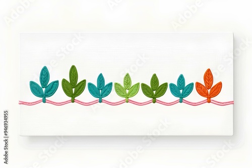 vibrant arrangement of green leaves connected by pink stems in intricate embroidery, displaying creativity and nature-inspired design