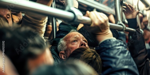 Close-up of a commuter tightly packed in a crowded subway car photo