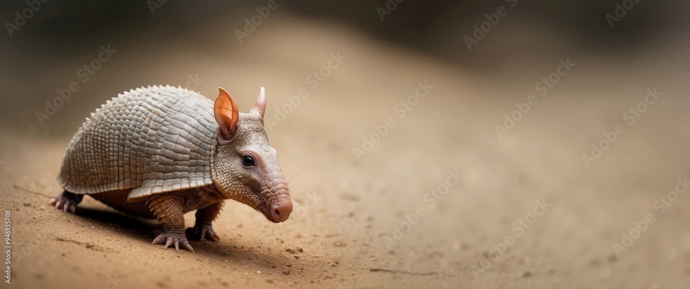 A Pink-Faced Armadillo Walks on Sandy Ground A Pink-Faced Armadillo Walks on Sandy Ground