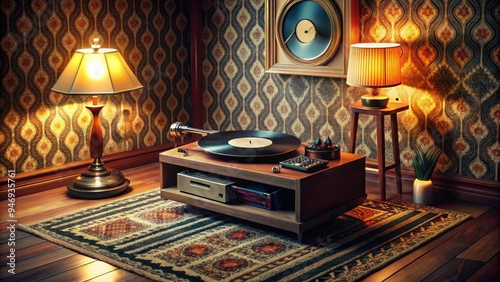 Retro-style turntable spins vintage vinyl record on geometric-patterned rug amidst scattered album covers, dusty lamp, and nostalgic music memorabilia in warm, dimly-lit room. photo