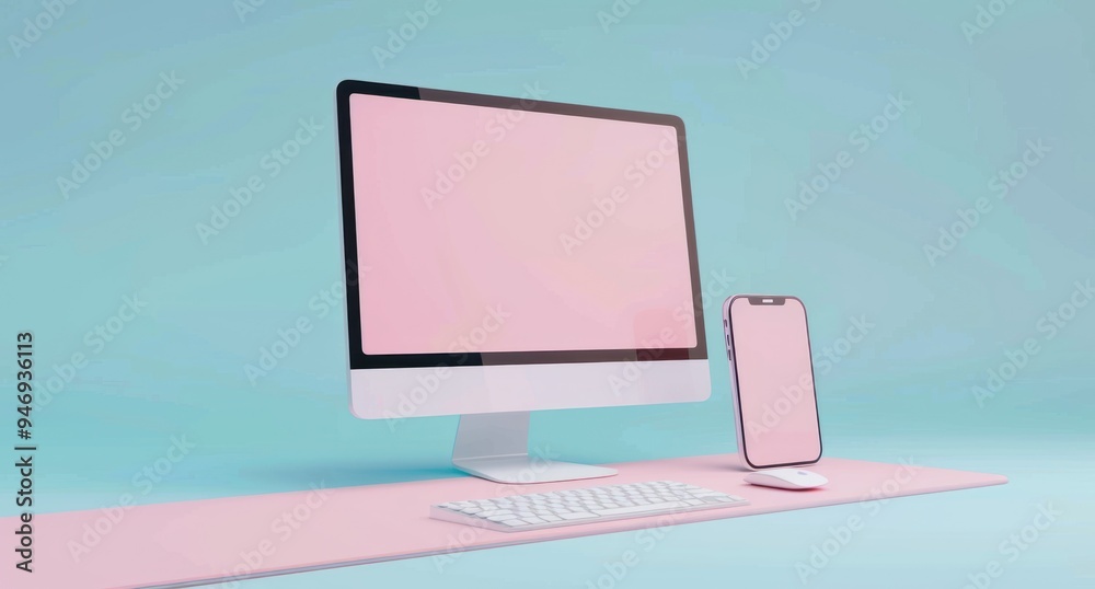 Desktop Computer Mockup with Phone and Keyboard Desktop Computer Mockup with Phone and Keyboard