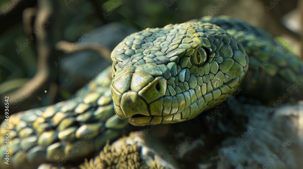 Snake in the foreground with natural landscape. generative ai Snake in the foreground with natural landscape. generative ai
