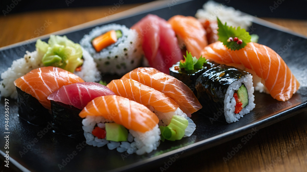 In the evening, the dining table is beautifully set with gourmet sushi - brightly colored pieces of sashimi with shiny surfaces -8 In the evening, the dining table is beautifully set with gourmet sushi - brightly colored pieces of sashimi with shiny surfaces -8
