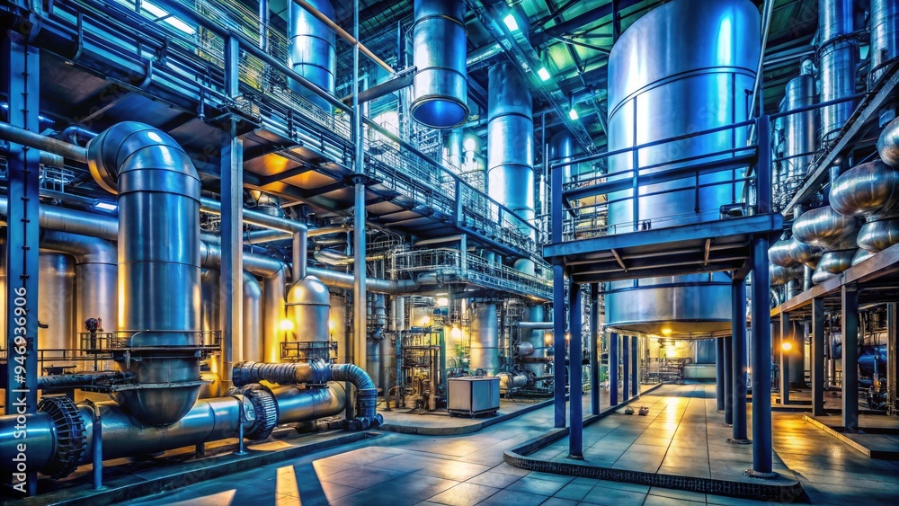 Rows of large cylindrical containers and pipelines dominate the interior of a dimly lit industrial chemical processing facility, with valves and gauges monitoring flow and pressure. Rows of large cylindrical containers and pipelines dominate the interior of a dimly lit industrial chemical processing facility, with valves and gauges monitoring flow and pressure.