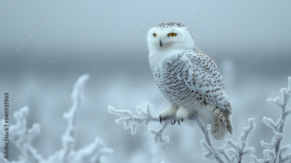 Snowy owl with white and brown feathers is perched on a frosty branch, amidst a wintry, snow-covered landscape Snowy owl with white and brown feathers is perched on a frosty branch, amidst a wintry, snow-covered landscape