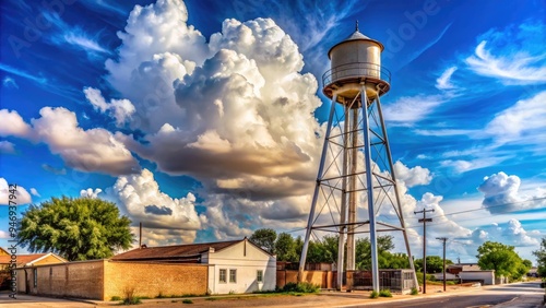 Fototapeta Naklejka Na Ścianę i Meble -  Rustic water tower stands tall against a brilliant blue sky with puffy white clouds in the charming small town of Quanah, Texas, USA.