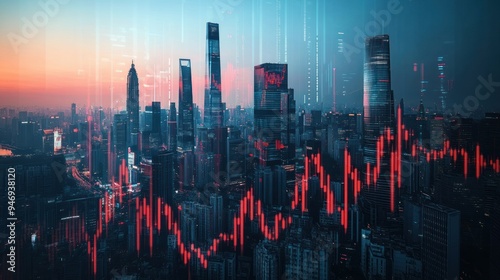 A Cityscape with Red Stock Market Candlestick Graph Overlaid