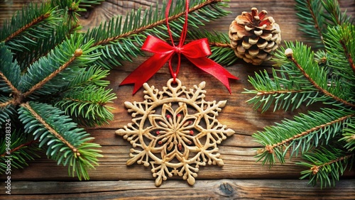 Rustic wooden Christmas ornament with intricate carvings of snowflakes and pinecones, adorned with a red ribbon, hanging from a wooden branch, surrounded by festive pine needles.