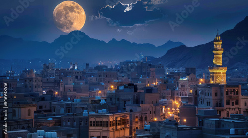 amazing view of Sanaa city of Yemen , night , Moon