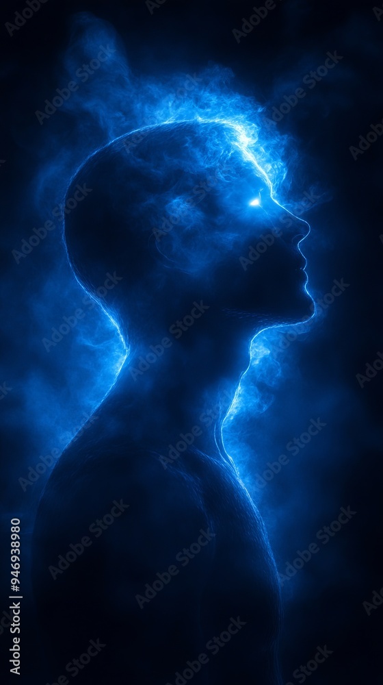 Glowing blue silhouette of a person in profile, surrounded by wisps of mist or smoke Glowing blue silhouette of a person in profile, surrounded by wisps of mist or smoke