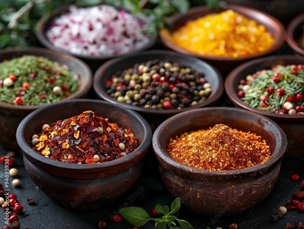 Fototapeta premium Photograph of homemade seasonings in bowls styled for a luxury food magazine.